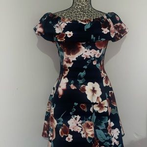 Cute Black Floral Off-the-Shoulder Cocktail Dress